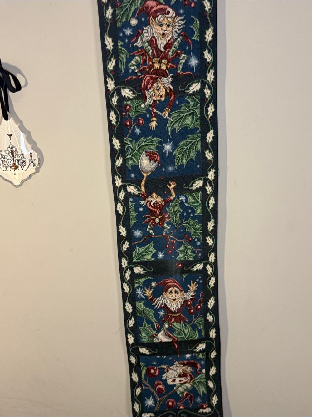 Holiday Elf Tapestry Runner - Navy and Red Christmas Decor 8x41